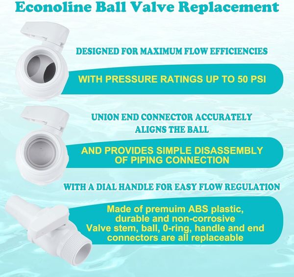 2 Way Econoline Ball Valve Replacement Compatible with Hayward Pool Filter SP0729 1.5 inch MIP x 1.5 inch,  1.25 inch ABS Plastic Non Corrosive Max. 50 Psi Pressure Rating White 1 Pack