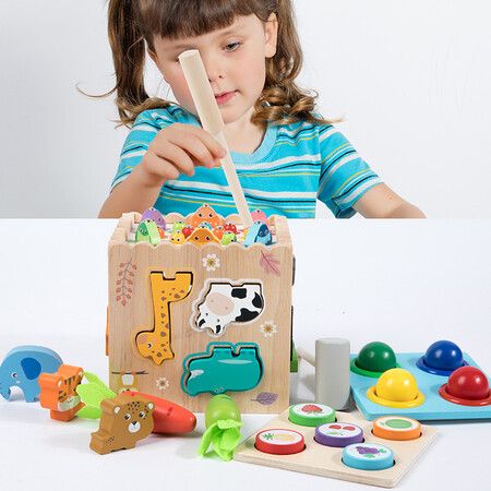 8 in 1 Montessori Toys for Boys and Girls, Includes Object Permanence Box, Montessori Coin Box, Carrot Harvest Game, Matchstick Color Drop Game