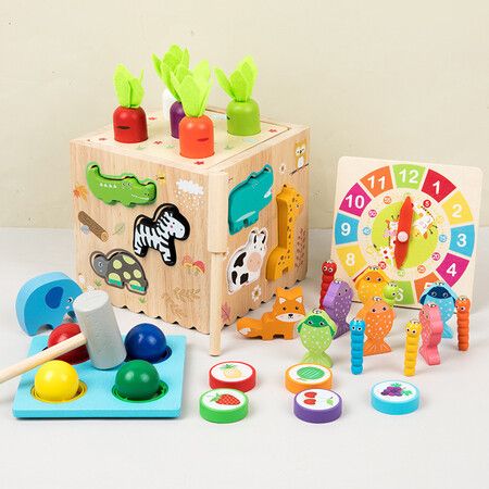 8 in 1 Montessori Toys for Boys and Girls, Includes Object Permanence Box, Montessori Coin Box, Carrot Harvest Game, Matchstick Color Drop Game