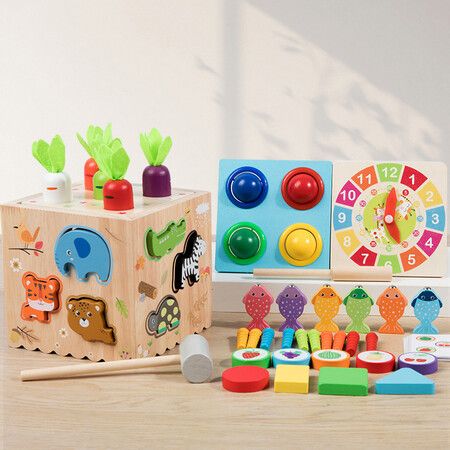 8 in 1 Montessori Toys for Boys and Girls, Includes Object Permanence Box, Montessori Coin Box, Carrot Harvest Game, Matchstick Color Drop Game