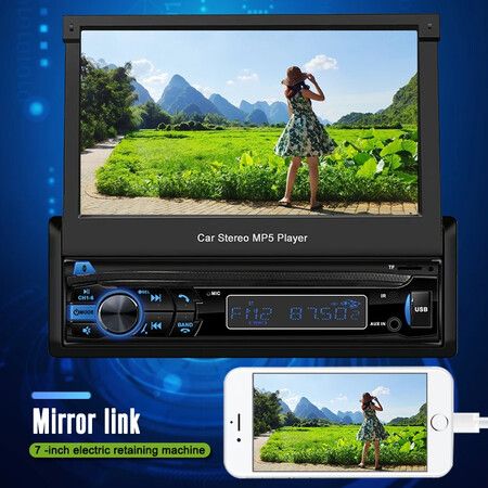 7 Inch Touch Car Radio CarPlay Android Auto Automatic Retractable Screen Car MP5 Player 1Din Multimedia Player AUX /SD/ USB Bluetooth for Universal