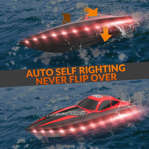 2.4Ghz RC Boat 30KMH Fast with Lights for Pools and Lakes with 2 Rechargeable Batteries Toys Gifts Color Red