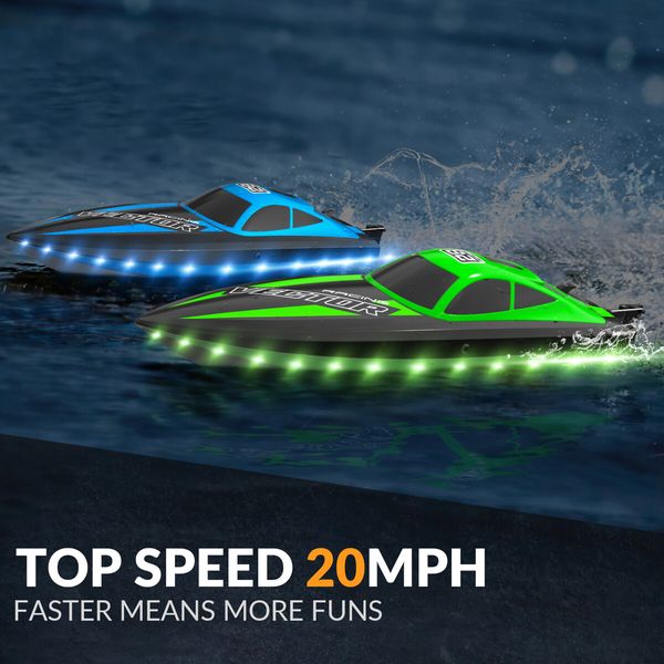 2.4Ghz RC Boat 30KMH Fast with Lights for Pools and Lakes with 2 Rechargeable Batteries Toys Gifts Color Green