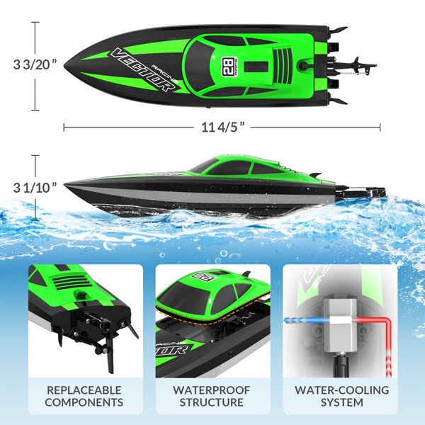 2.4Ghz RC Boat 30KMH Fast with Lights for Pools and Lakes with 2 Rechargeable Batteries Toys Gifts Color Green