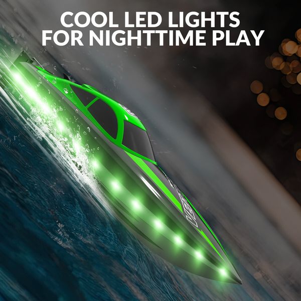 2.4Ghz RC Boat 30KMH Fast with Lights for Pools and Lakes with 2 Rechargeable Batteries Toys Gifts Color Green