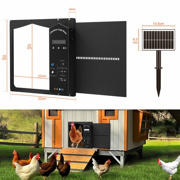 Solar Automatic Chicken Coop Door Auto Hen House Pen Run Poultry Cage Gate Opener Closer Timer Light Sensor LCD Aluminum