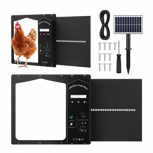 Solar Automatic Chicken Coop Door Auto Hen House Pen Run Poultry Cage Gate Opener Closer Timer Light Sensor LCD Aluminum