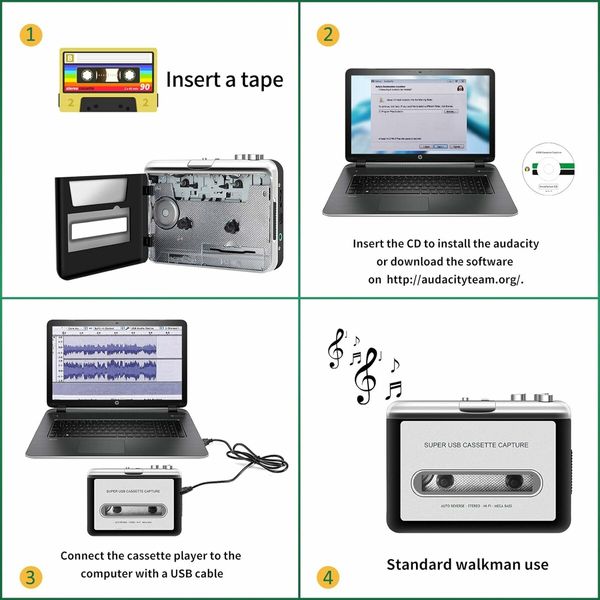 Portable Tape Player Captures MP3 Audio Music Via USB Compatible with Laptops and Personal Computers Converts Cassettes