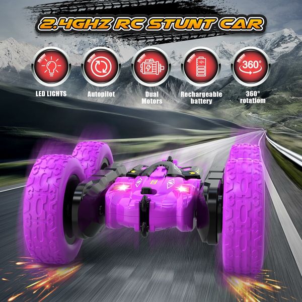 Remote Control Car,360 Flips Rotating Stunt RC Cars,Double Sided RC Car with LED Lights,2.4Ghz All Terrain Rechargeable Electric Drift Car Toys for Ages 3+ Birthday Gift (Purple)