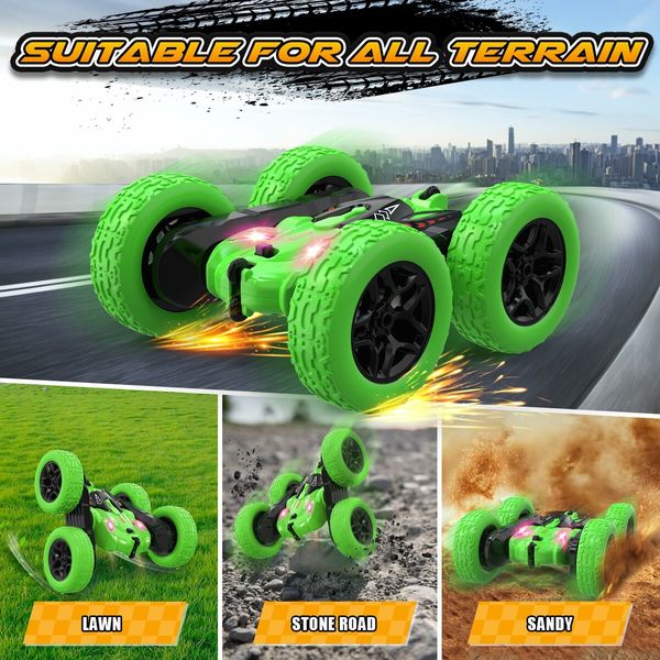 Remote Control Car,360 Flips Rotating Stunt RC Cars,Double Sided RC Car with LED Lights,2.4Ghz All Terrain Rechargeable Electric Drift Car Toys for Ages 3+ Birthday Gift (Green)