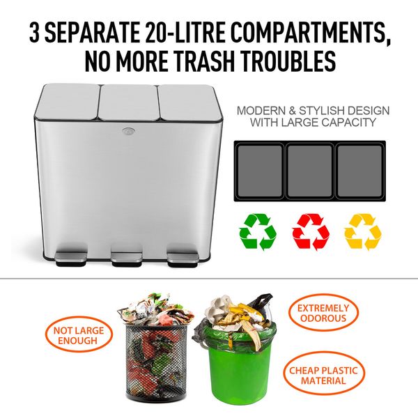 60L Rubbish Bin Dustbin Pedal Recycling Trashcan Kitchen Waste Garbage Household Stepbin 3 Compartment Stainless Steel