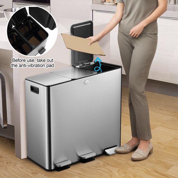 60L Rubbish Bin Dustbin Pedal Recycling Trashcan Kitchen Waste Garbage Household Stepbin 3 Compartment Stainless Steel