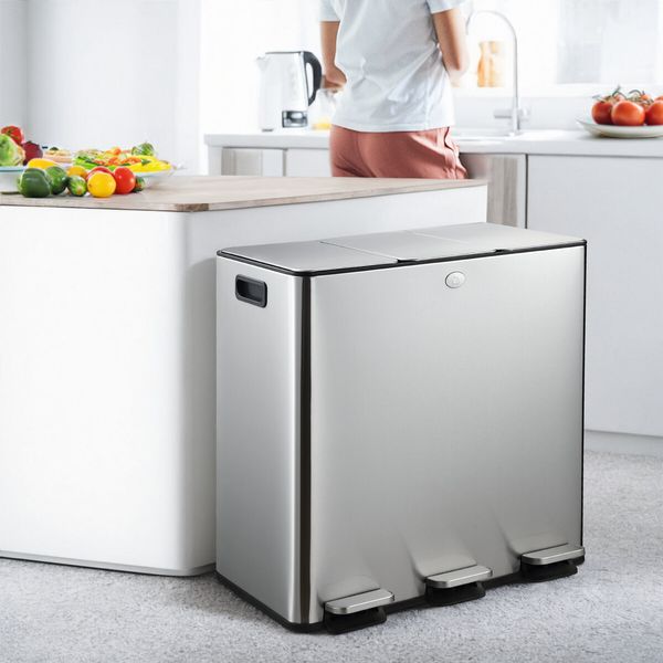 60L Rubbish Bin Dustbin Pedal Recycling Trashcan Kitchen Waste Garbage Household Stepbin 3 Compartment Stainless Steel