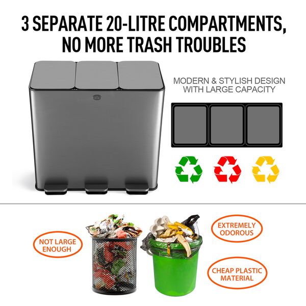 60L Pedal Bin Dustbin Kitchen Rubbish Recycling Waste Trashcan 3 Compartment Garbage Stepbin Stainless Steel Black