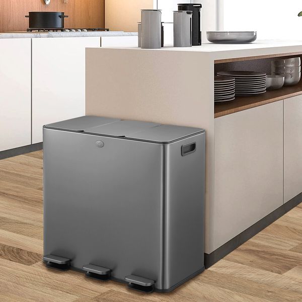 60L Pedal Bin Dustbin Kitchen Rubbish Recycling Waste Trashcan 3 Compartment Garbage Stepbin Stainless Steel Black