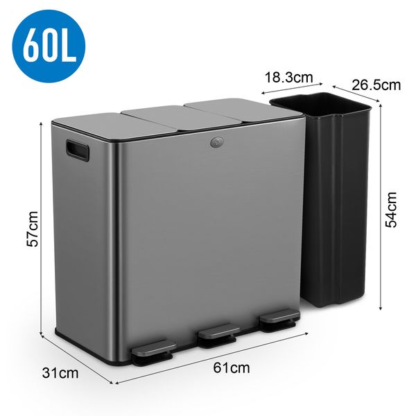 60L Pedal Bin Dustbin Kitchen Rubbish Recycling Waste Trashcan 3 Compartment Garbage Stepbin Stainless Steel Black