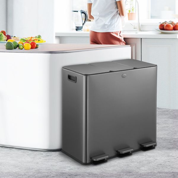 60L Pedal Bin Dustbin Kitchen Rubbish Recycling Waste Trashcan 3 Compartment Garbage Stepbin Stainless Steel Black