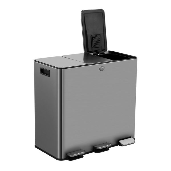 60L Pedal Bin Dustbin Kitchen Rubbish Recycling Waste Trashcan 3 Compartment Garbage Stepbin Stainless Steel Black