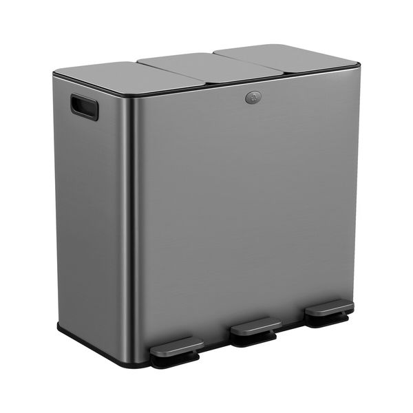 60L Pedal Bin Dustbin Kitchen Rubbish Recycling Waste Trashcan 3 Compartment Garbage Stepbin Stainless Steel Black