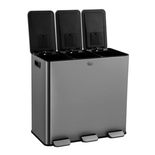 60L Pedal Bin Dustbin Kitchen Rubbish Recycling Waste Trashcan 3 Compartment Garbage Stepbin Stainless Steel Black