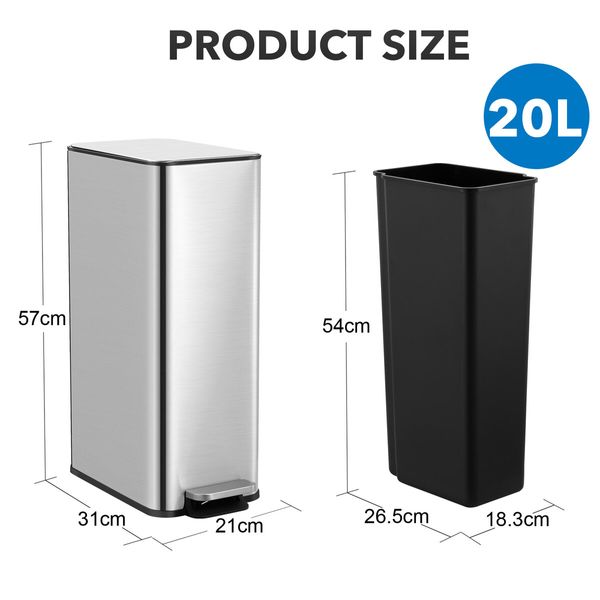 Small Rubbish Pedal Bin Garbage Can Recycling Trashcan Waste Recycling Stepbin Stainless Steel Soft Close Kitchen House 20L