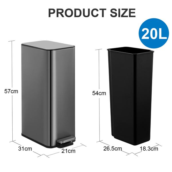 20L Small Trash Can Rubbish Bin Pedal Step Waste Recycling Garbage Stainless Steel Slim Trashcan Bathroom Kitchen Office