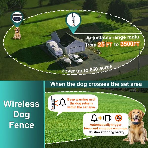 Dog Fence System Covers 1050m Wireless Fence Remote distance1800M Dog Collar Fence System Training Collar  3 Training Modes dogs Pets  1 Reciever