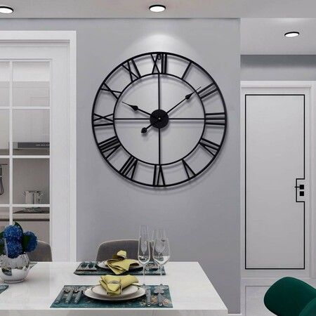 Large Wall Clock,Silent,Non-Ticking Metal Wall Clock,Round Modern Wall Decor for Living Room,Bedroom Kitchen and Outdoor,19-Inch (47cm,Black Roman Number)