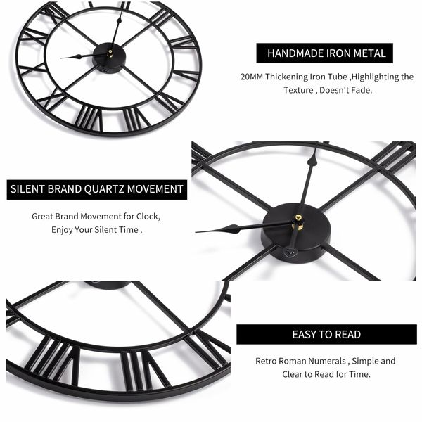 Large Wall Clock,Silent,Non-Ticking Metal Wall Clock,Round Modern Wall Decor for Living Room,Bedroom Kitchen and Outdoor,19-Inch (47cm,Black Roman Number)