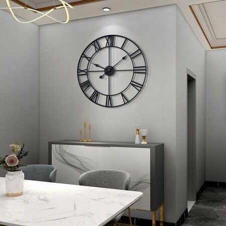 Large Wall Clock,Silent,Non-Ticking Metal Wall Clock,Round Modern Wall Decor for Living Room,Bedroom Kitchen and Outdoor,19-Inch (47cm,Black Roman Number)