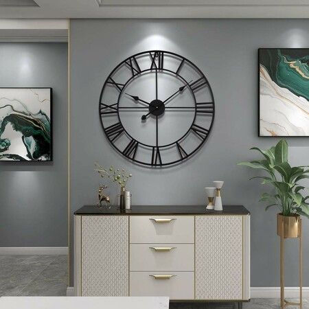 Large Wall Clock,Silent,Non-Ticking Metal Wall Clock,Round Modern Wall Decor for Living Room,Bedroom Kitchen and Outdoor,19-Inch (47cm,Black Roman Number)