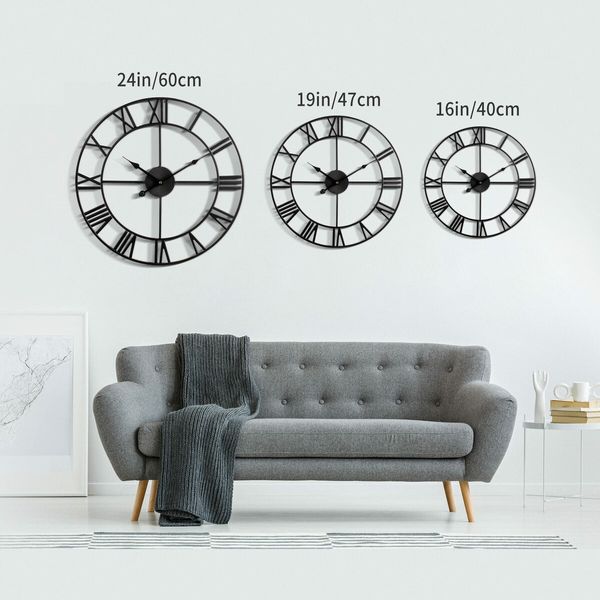 Large Wall Clock,Silent,Non-Ticking Metal Wall Clock,Round Modern Wall Decor for Living Room,Bedroom Kitchen and Outdoor,19-Inch (47cm,Black Roman Number)