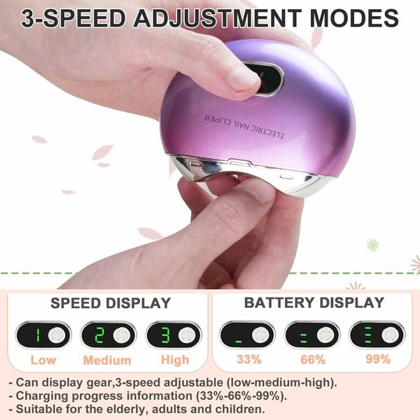 Automatic Electric Nail Clipper with 3-Speeds Levels and Nail Clip Storage,USB Rechargeable Safety Electric Nail Trimmer (Gradient Purple)