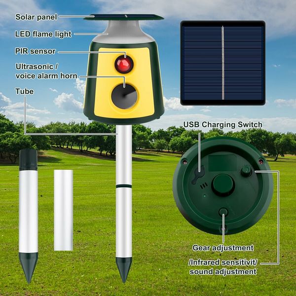 Solar Ultrasonic Animal Repeller Dog Repellent Waterproof 360 Induction LED Flame Light Outdoor Dogs Deer Cat and Raccoons for Garden Yard