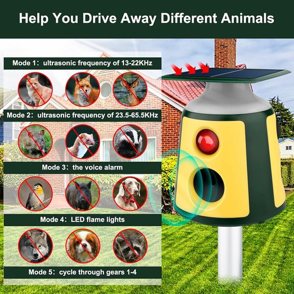 Solar Ultrasonic Animal Repeller Dog Repellent Waterproof 360 Induction LED Flame Light Outdoor Dogs Deer Cat and Raccoons for Garden Yard