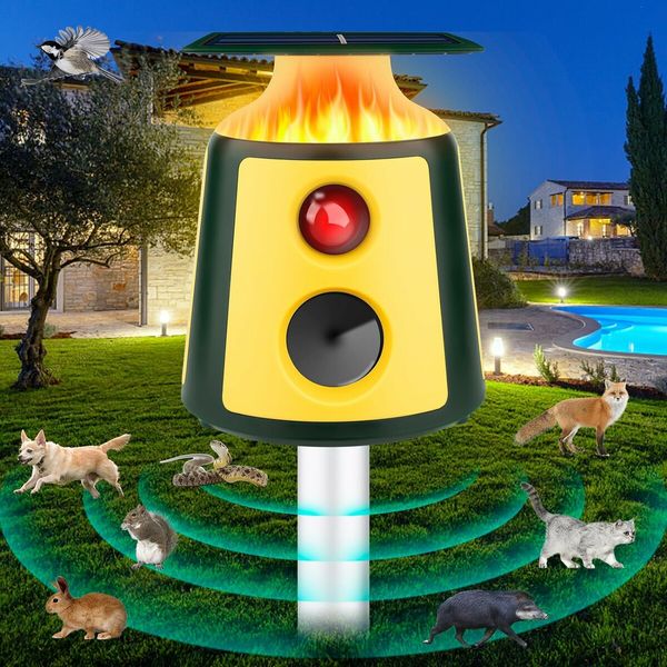 Solar Ultrasonic Animal Repeller Dog Repellent Waterproof 360 Induction LED Flame Light Outdoor Dogs Deer Cat and Raccoons for Garden Yard