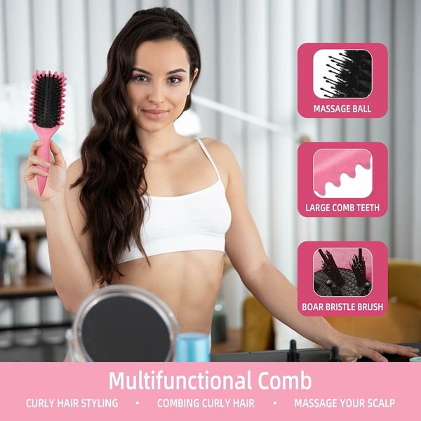 Curl Defining Brush, Curly Hair Brush Boar Bristle Hair Brush Styling Brush for Detangling, Rose