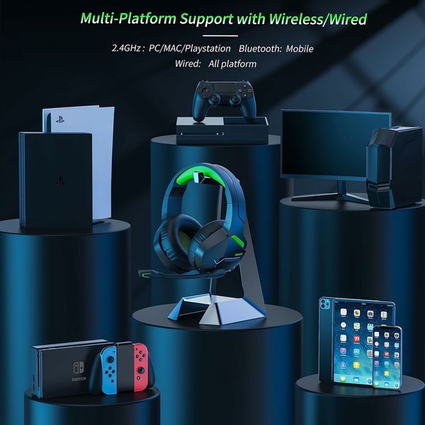 Gaming Headphones Wireless Microphone for PC PS4 PS5 Playstation 4 5 Bluetooth Laptop Black Green Audio Comfort Esports Gear