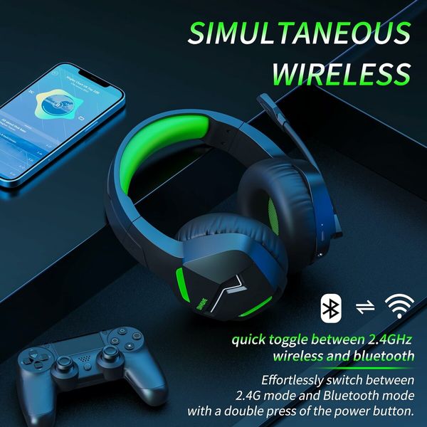 Gaming Headphones Wireless Microphone for PC PS4 PS5 Playstation 4 5 Bluetooth Laptop Black Green Audio Comfort Esports Gear