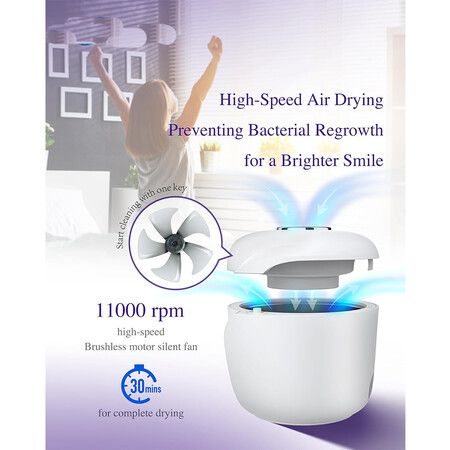 Ultrasonic Retainer Cleaner, Denture Cleansers with Fan Dry and U V, 6 Min Dental Cleaning Machine for Mouth Guard, Night Guard, Aligner, 42kHz 180ML Portable Jewelry Cleaner (Arctic White)