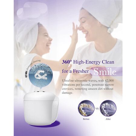 Ultrasonic Retainer Cleaner, Denture Cleansers with Fan Dry and U V, 6 Min Dental Cleaning Machine for Mouth Guard, Night Guard, Aligner, 42kHz 180ML Portable Jewelry Cleaner (Arctic White)