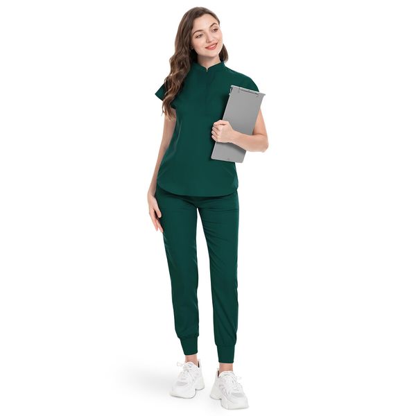 Scrubs Set for Women Nurse Uniform Jogger Suit Stretch Top & Pants with Multi Pocket for Nurse Esthetician Workwear (Green,Size:XX-Large)