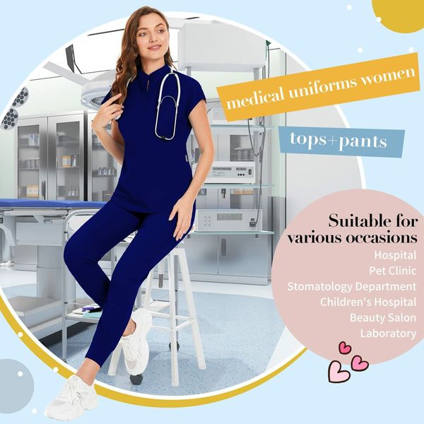 Scrubs Set for Women Nurse Uniform Jogger Suit Stretch Top & Pants with Multi Pocket for Nurse Esthetician Workwear (Dark Blue,Size:XX-Large)