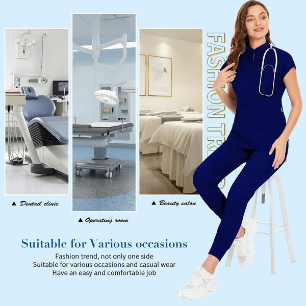 Scrubs Set for Women Nurse Uniform Jogger Suit Stretch Top & Pants with Multi Pocket for Nurse Esthetician Workwear (Dark Blue,Size:XX-Large)