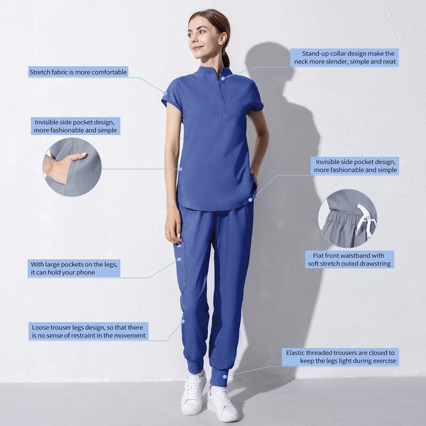 Scrubs Set for Women Nurse Uniform Jogger Suit Stretch Top & Pants with Multi Pocket for Nurse Esthetician Workwear (Dark Blue,Size:XX-Large)