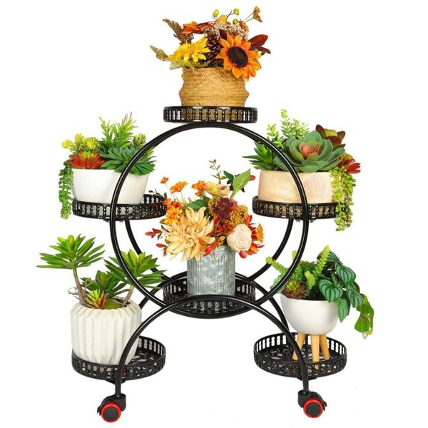 NOVEDEN 4 Layer 6 Pots Flower Holder Plant Stand Shelf with 4-Wheel (Black) NE-PSD-100-JZ