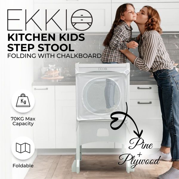 EKKIO Folding Kitchen Kids Step Stool with Chalkboard- Saturn, Moon, Square and Star Shape Design (White) EK-KSS-100-LFA