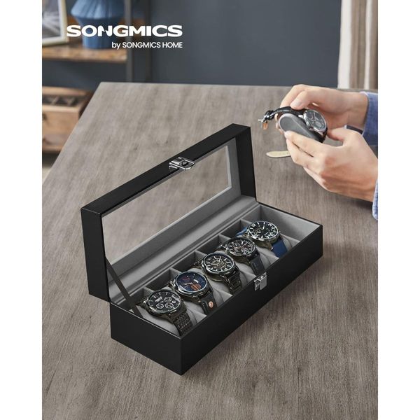 SONGMICS Watch Box for 6 Watches with Glass Lid and Removable Watch Pillows Black Synthetic Leather Grey Lining JWB06BK