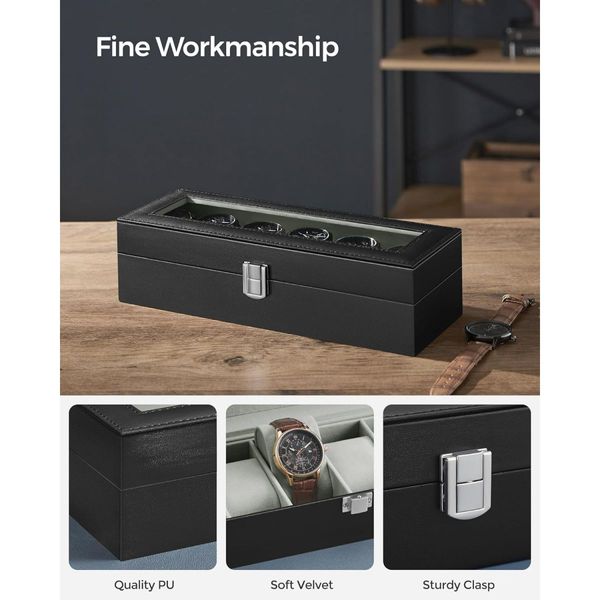 SONGMICS Watch Box for 6 Watches with Glass Lid and Removable Watch Pillows Black Synthetic Leather Grey Lining JWB06BK