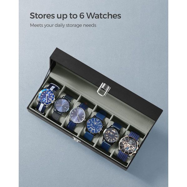 SONGMICS Watch Box for 6 Watches with Glass Lid and Removable Watch Pillows Black Synthetic Leather Grey Lining JWB06BK